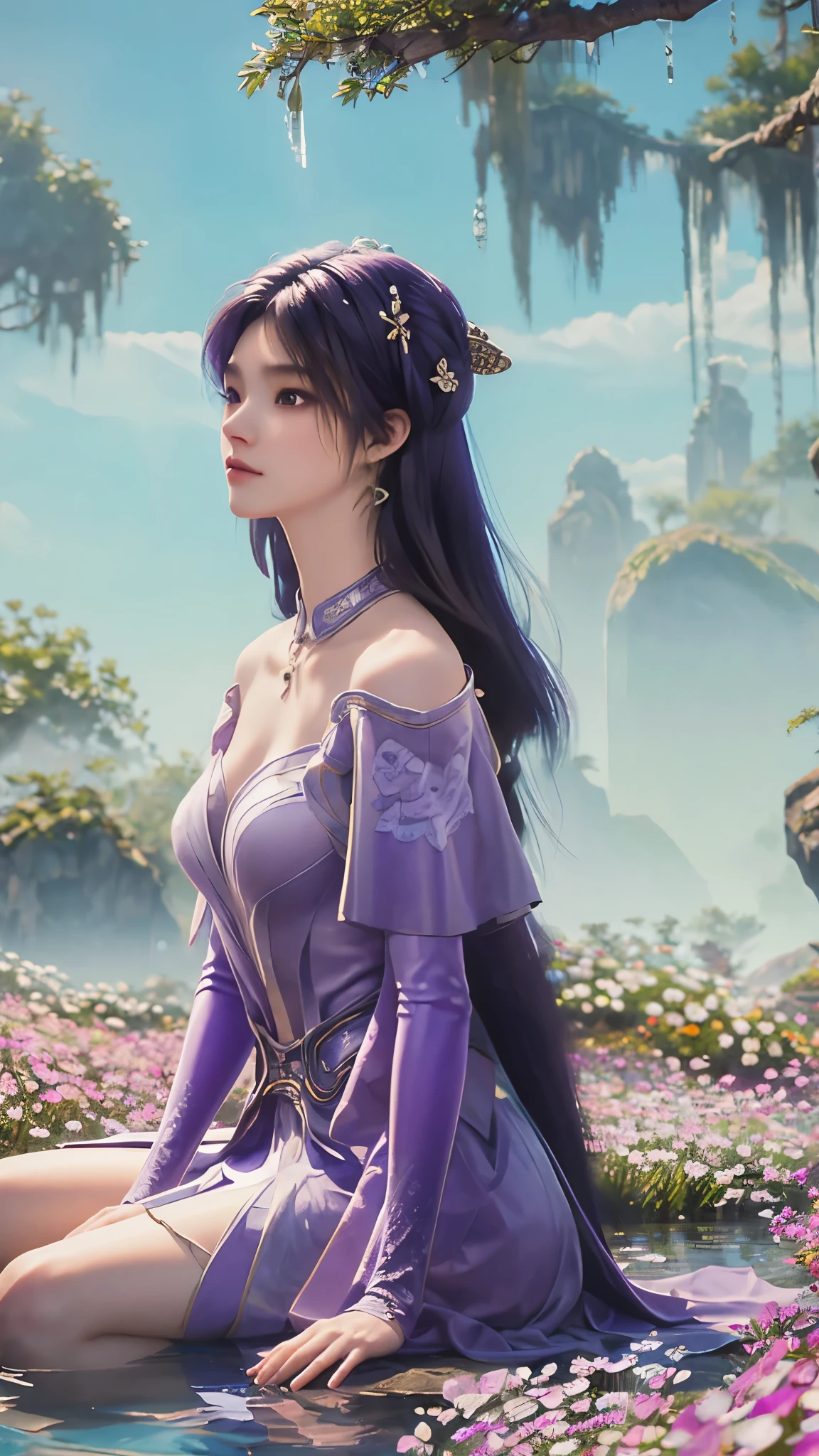 skirt, (knee shot) best quality,masterpiece,Ultra-high resolution,Clear face,(realism:1.4),RAW photos,Cold Light,woman wearing transparent skirt underwater,Wallpaper animation purple water,Purple long hair,Purple dress,Gurwitz-style artwork,A close-up fantasy of water magic,author:Yang Jie,Gurwitz,A beautiful artistic illustration,Water Nymphs,Beautiful digital art work,Beautiful digital illustrations,Li Song,A beautiful anime portrait
