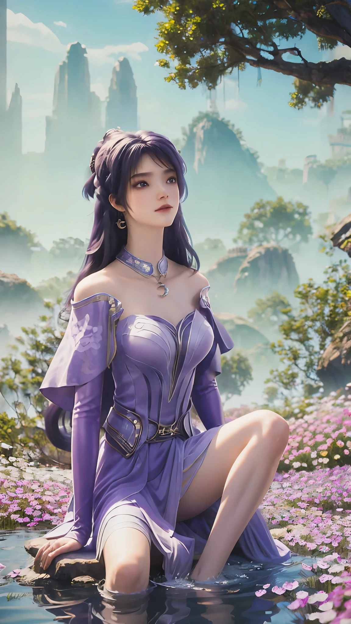 skirt, (knee shot) best quality,masterpiece,Ultra-high resolution,Clear face,(realism:1.4),RAW photos,Cold Light,woman wearing transparent skirt underwater,Wallpaper animation purple water,Purple long hair,Purple dress,Gurwitz-style artwork,A close-up fantasy of water magic,author:Yang Jie,Gurwitz,A beautiful artistic illustration,Water Nymphs,Beautiful digital art work,Beautiful digital illustrations,Li Song,A beautiful anime portrait,Art style