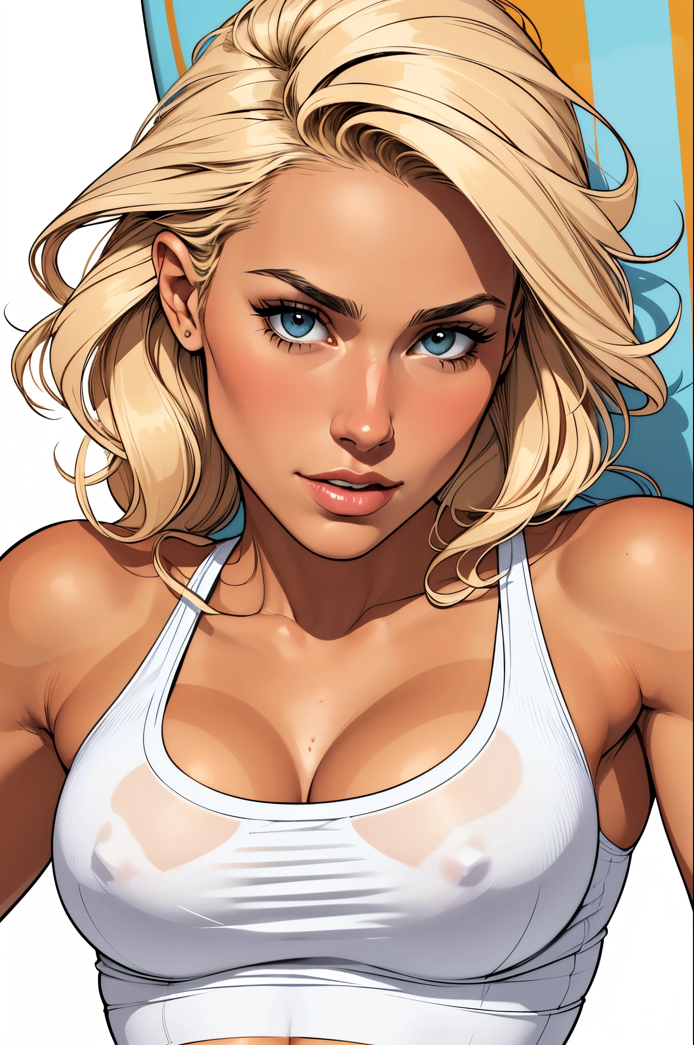 Flat colors, close up, portrait of a 25 year old surfer looking girl, tan skin, beach blonde salty hair, natural beaty, beautiful, casual, see thru tank top, Cleavage simply white background 