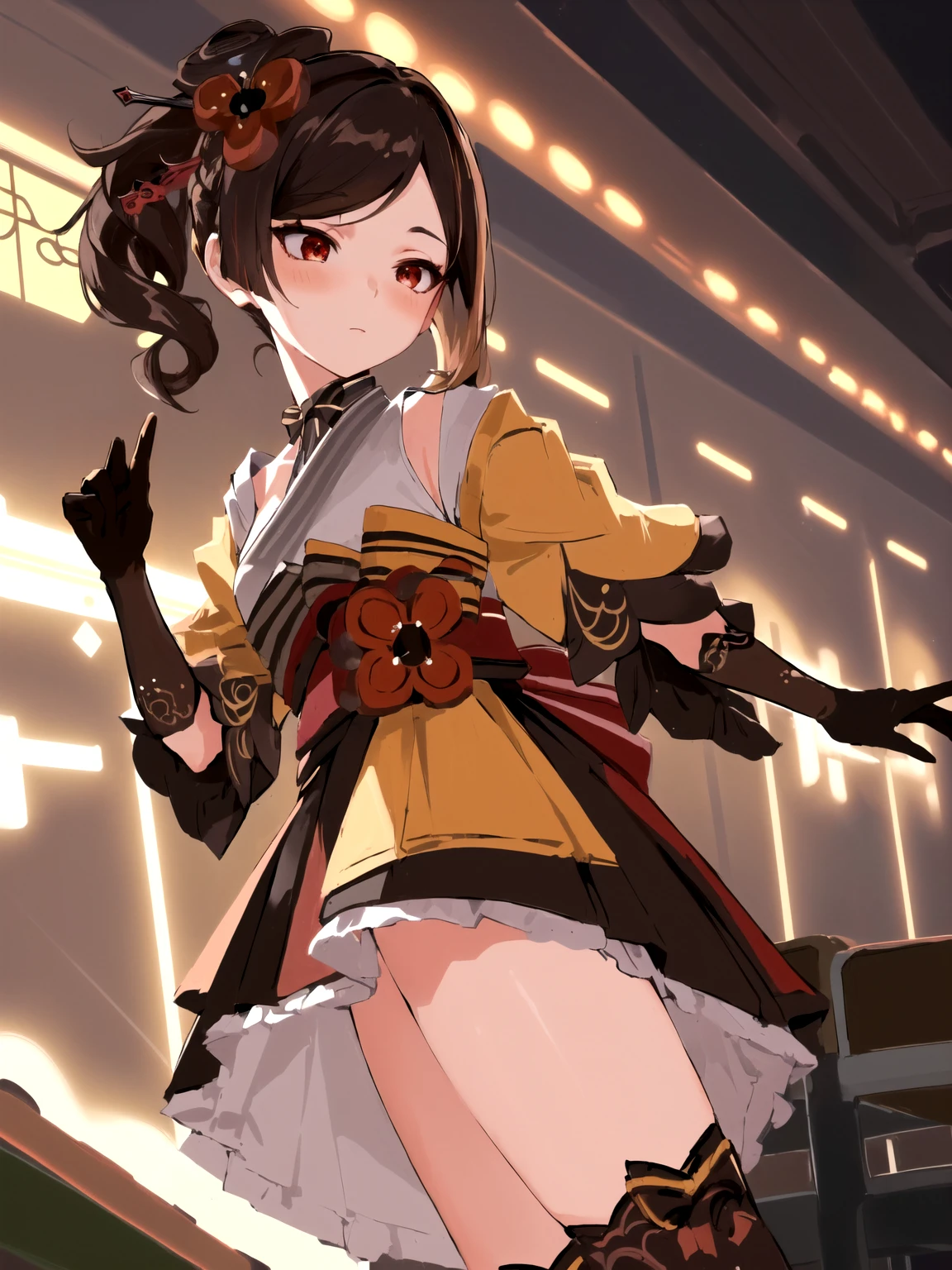 ((best quality)), ((masterpiece)), (detailed), perfect face, perfect hand, chiori, 1girl, brown hair, drill hair, hair ornament,hair flower, flower, red eyes, elbow gloves,short sleeves,wide sleeves, japanese clothes, kimono, pleated skirt,dress, black thighhighs, in classroom, pleasure expression