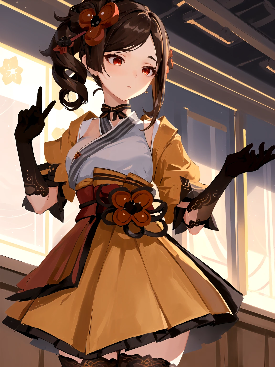 ((best quality)), ((masterpiece)), (detailed), perfect face, perfect hand, chiori, 1girl, brown hair, drill hair, hair ornament,hair flower, flower, red eyes, elbow gloves,short sleeves,wide sleeves, japanese clothes, kimono, pleated skirt,dress, black thighhighs, in classroom, pleasure expression