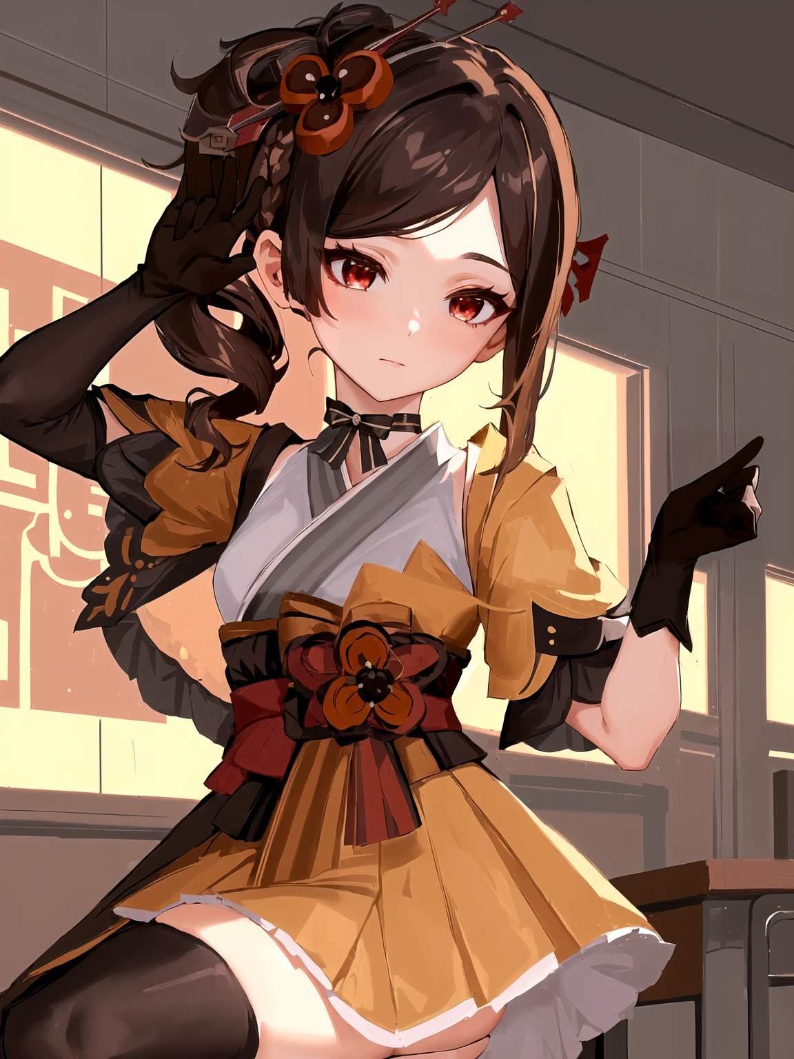 ((best quality)), ((masterpiece)), (detailed), perfect face, perfect hand, chiori, 1girl, brown hair, drill hair, hair ornament,hair flower, flower, red eyes, elbow gloves,short sleeves,wide sleeves, japanese clothes, kimono, pleated skirt,dress, black thighhighs, in classroom, pleasure expression