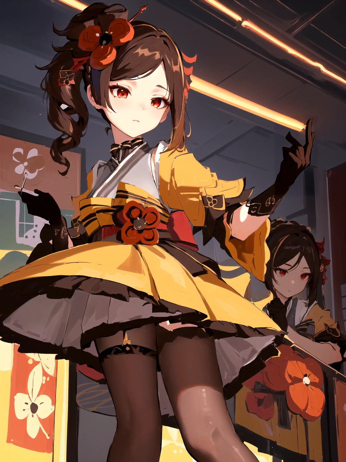 ((best quality)), ((masterpiece)), (detailed), perfect face, perfect hand, chiori, 1girl, brown hair, drill hair, hair ornament,hair flower, flower, red eyes, elbow gloves,short sleeves,wide sleeves, japanese clothes, kimono, pleated skirt,dress, black thighhighs, in classroom, pleasure expression