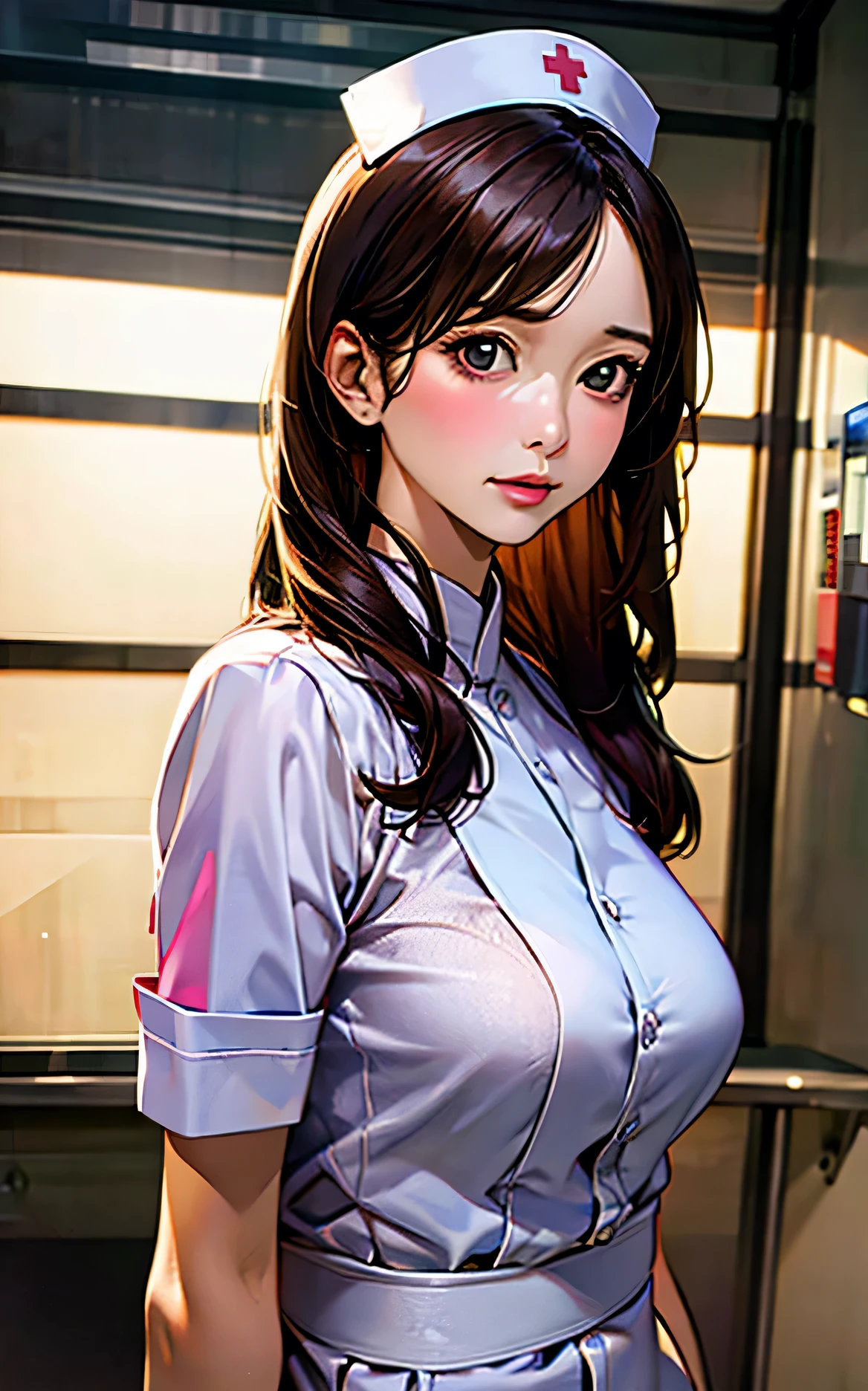 tmasterpiece，best qualityer、doctor、、、white nurse , asian beauty,[big and full breasts] , white nurse,,White nurse , Photorealistic　 giant tits,(realistic, photorealistic:1.5),mature,hospital, nurse suits,Dutch angle shot, from side, 