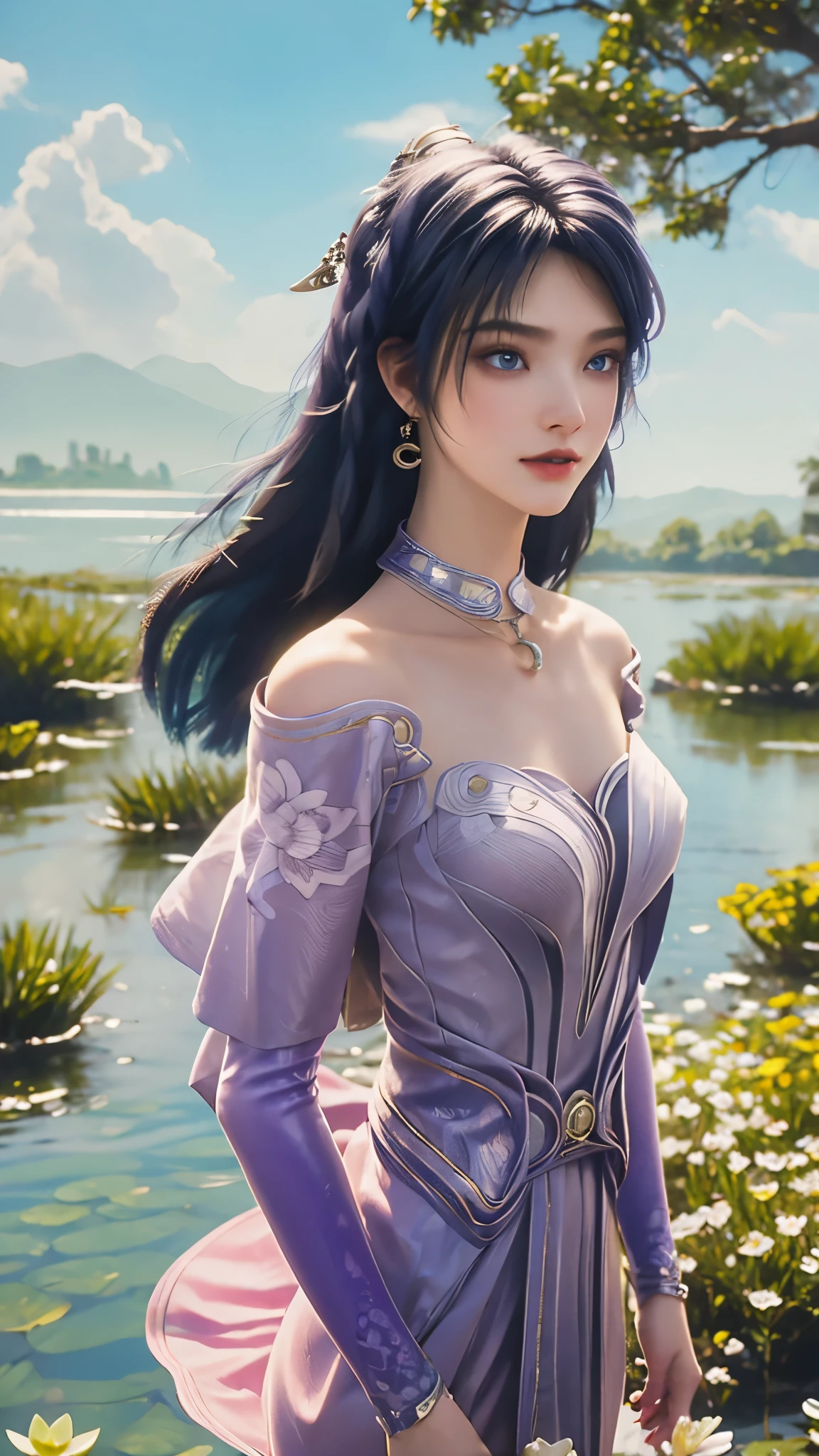 Girl floating on lotus lake, The lake is full of lotus, Colorful lotus, Water sparkling, girl in white dress, Holding Lotus, She has blue hair, blue eyes, double eyelashes, Eyeshadow, Pink lipstick, nose, clavicle, High-quality images, Masterpiece quality, Ultra-detailed images, Super detailed images, 32k, 1080p, Clear images, high resolution,