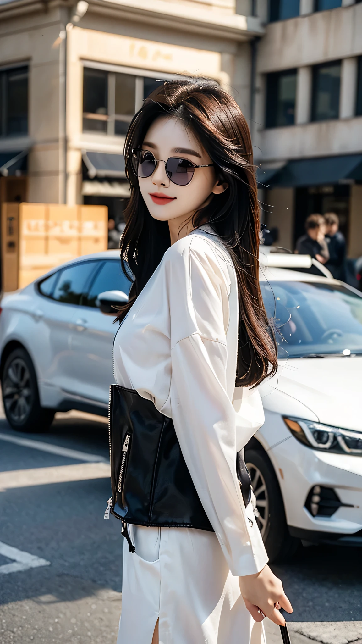 masterpiece、top-quality)、1 beutiful girl、Slim body、((Black and white plain clothes:1.1))、((Wearing black sunglasses )), (Detailed beautiful eyes), ((Detailed skin)) , ((Detailed beautiful hair)), Walk around the store、((Boyish Brown Medium Hair))、((Smaller face))、((Neutral face))、((Face seen from the side))、((Light brown eyes))、((Korean Girl))、((18year old))、((cool lady))、((A shy smile on his face))、((Korean Makeup))、((elongated and sharp eyes))、((Happy dating))、((looking distantly))、((boyish))、((Shot from the same height as your face))、((Shorter than viewer))、((She is running ahead of the viewer))、((Hold your mouth with your hand)), ((CG rendering)), ((Blurred background)), ((deep shadow)), ((16K)), ((Very detailed)), ((wallpaper)), ((depth of field)), ((movie light)), ((lens flare, Ray tracing)).