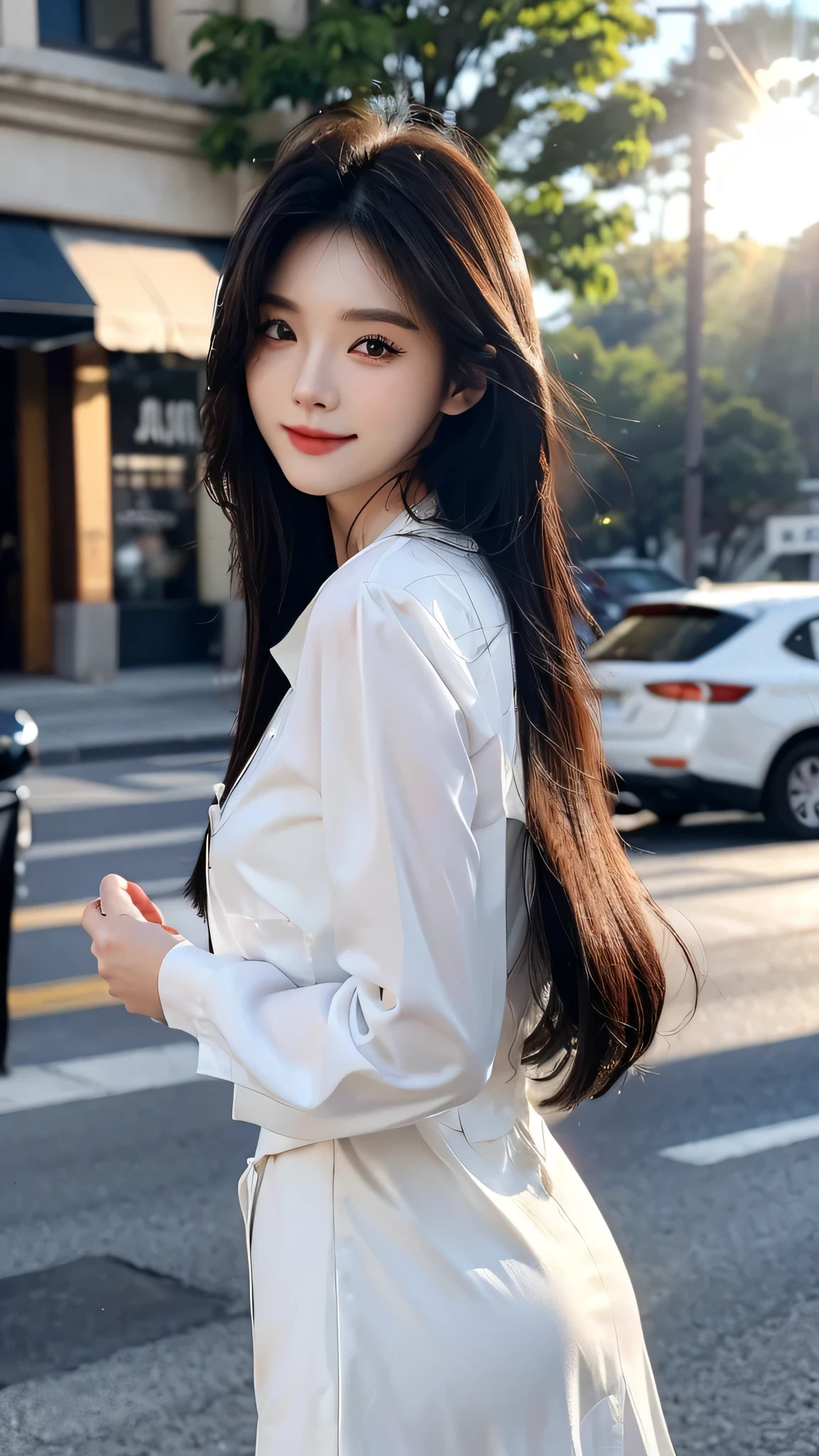 masterpiece、top-quality)、1 beutiful girl、Slim body、((Black and white plain clothes:1.1))、((Wearing black sunglasses )), (Detailed beautiful eyes), ((Detailed skin)) , ((Detailed beautiful hair)), Walk around the store、((Boyish Brown Medium Hair))、((Smaller face))、((Neutral face))、((Face seen from the side))、((Light brown eyes))、((Korean Girl))、((18year old))、((cool lady))、((A shy smile on his face))、((Korean Makeup))、((elongated and sharp eyes))、((Happy dating))、((looking distantly))、((boyish))、((Shot from the same height as your face))、((Shorter than viewer))、((She is running ahead of the viewer))、((Hold your mouth with your hand)), ((CG rendering)), ((Blurred background)), ((deep shadow)), ((16K)), ((Very detailed)), ((wallpaper)), ((depth of field)), ((movie light)), ((lens flare, Ray tracing)).