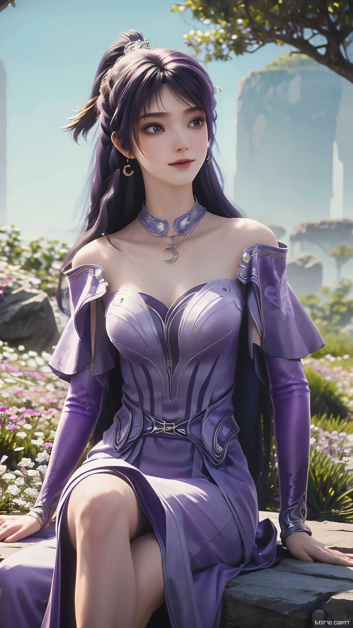 Ultra HD, 8K picture quality, A girl, Happy, Very long hair, Blurry Purple Dress, Delicate eyes, Sitting, Unreal Engine 5,