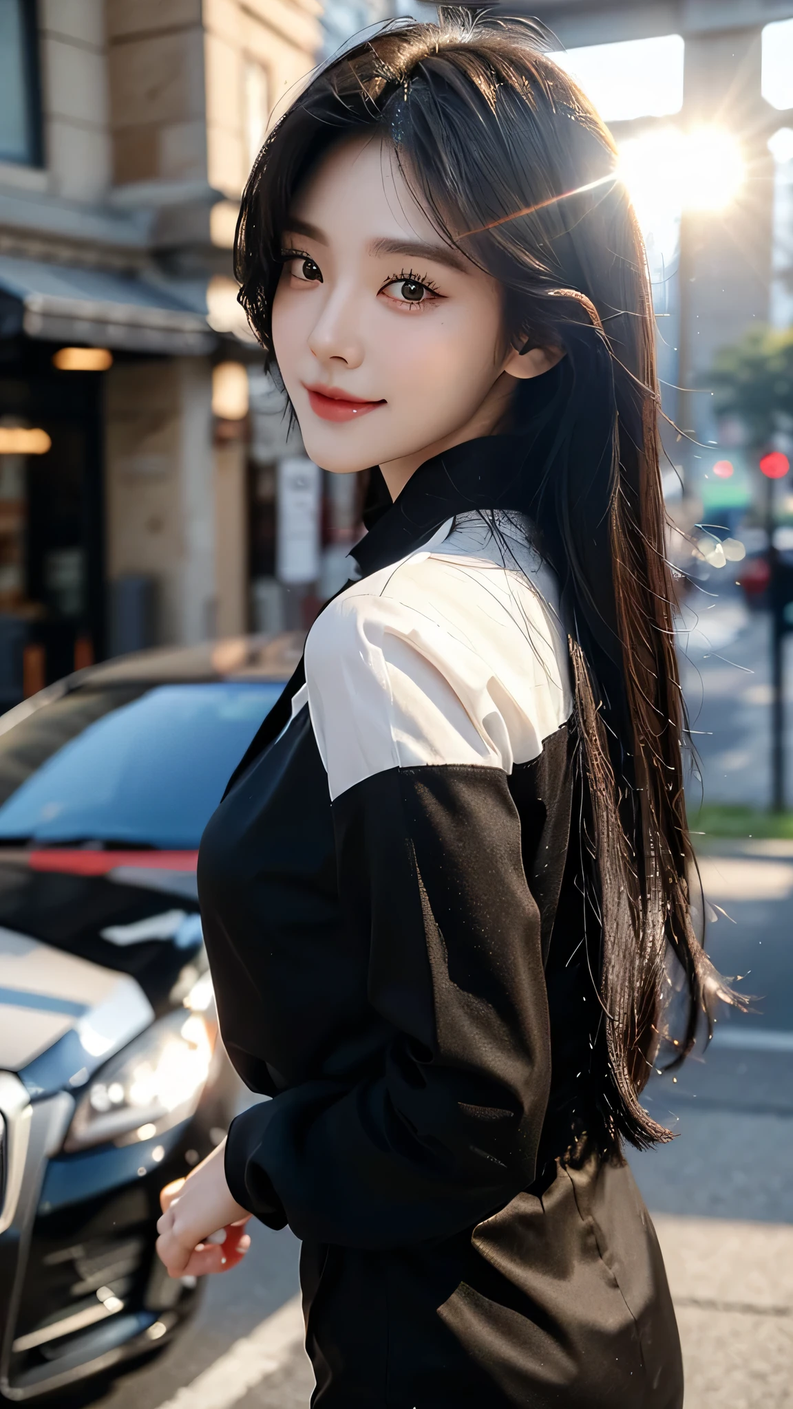 ​masterpiece、top-quality)、1 beutiful girl、Slim body、((Black and white plain clothes:1.1))、((Wearing black sunglasses )), (Detailed beautiful eyes), ((Detailed skin)) , ((Detailed beautiful hair)), Walk around the store、((Boyish Brown Medium Hair))、((Smaller face))、((Neutral face))、((Face seen from the side))、((Light brown eyes))、((Korean Girl))、((18year old))、((cool lady))、((A shy smile on his face))、((Korean Makeup))、((elongated and sharp eyes))、((Happy dating))、((looking distantly))、((boyish))、((Shot from the same height as your face))、((Shorter than viewer))、((She is running ahead of the viewer))、((Hold your mouth with your hand)), ((CG rendering)), ((Blurred background)), ((deep shadow)),  ((16K)),  ((Very detailed)), ((wallpaper)), ((depth of field)), ((movie light)), ((lens flare, Ray tracing)).