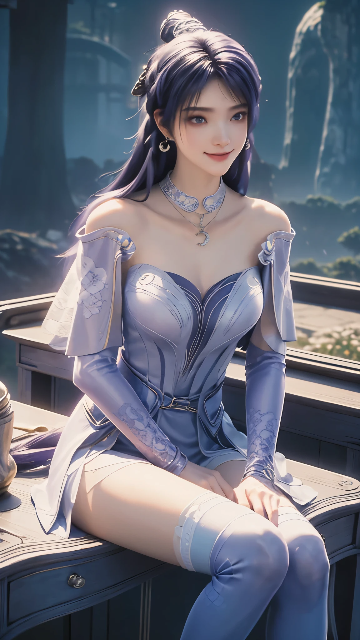 Dynamic Angle,((1 Girl, Elegant blue and purple dressing table, Maximum resolution)), (Nice illustration),(Beautiful silver semi-long hair),(Looking at the audience),Innocent smile,Movie Lighting,White knee socks,Lace Chalk, Wristband, Diamond necklace,Wristband, White fingerless gloves, earrings,sky,蓝sky,Beautiful flower park