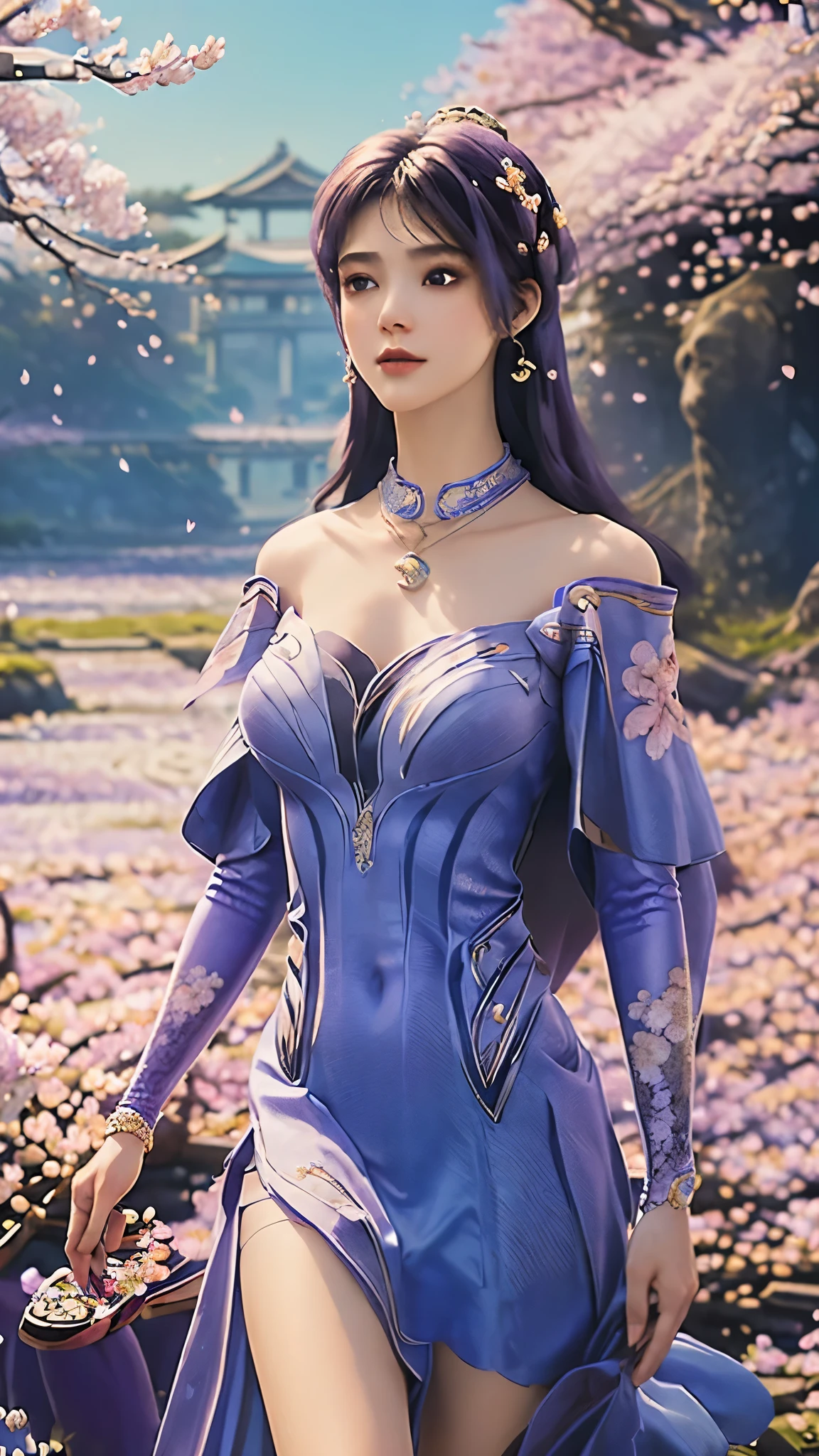 4K, Ultra HD, masterpiece, 1 girl, (good face:1.4), Delicate eyes, Very long hair, Princess dress, (Blue-purple dress:1.5), ((navel)), (Wearing Jewelry:1.5), (Cherry blossoms:1.5), (bloom effect:1.5), Detailed fantasy art, Stunning character art, Beautiful and exquisite character art, fair, Extremely detailed, Intricate headpieces and jewellery, Perfect body, Look directly at the audience,