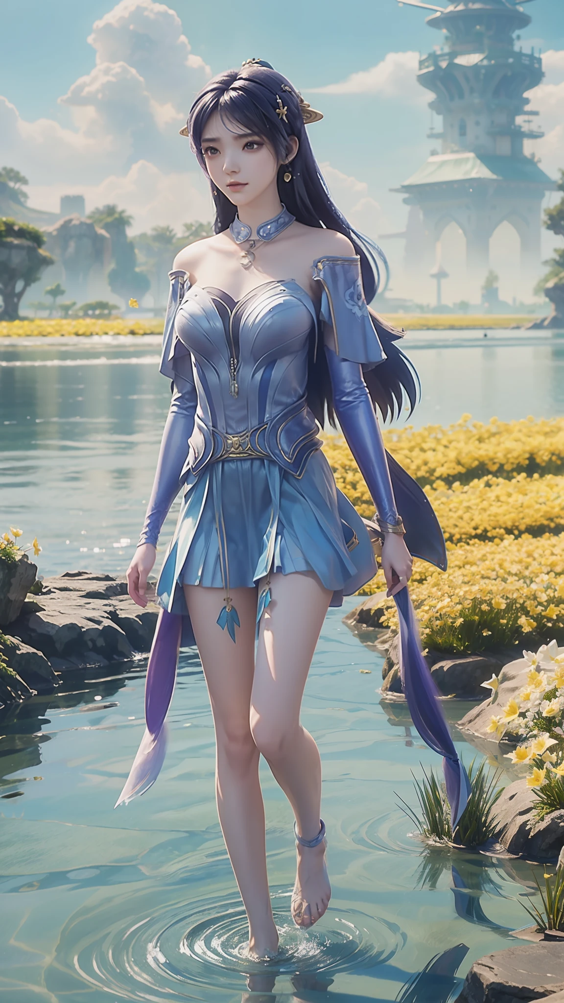 Arapei in a skirt standing in the water, Anime girl walking on water, closeup fantasy with water magic, Azure Lane style, Popular on cgstation, Anime Girl Cosplay, Seraphina Ali KDA, Ink art animation , Popular on cgstation内容, realistic water, Water daffodil, WLOP 和 Sakimichan