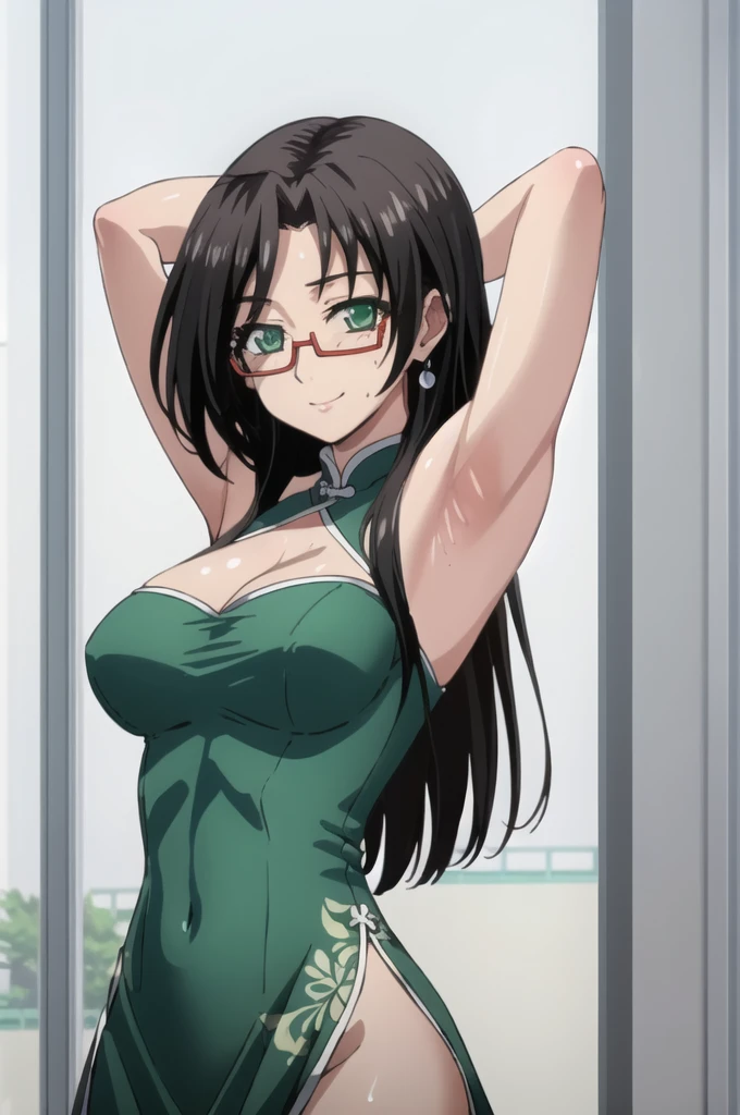 ((best quality)),((highly detailed)),masterpiece,absurdres,detailed face,beautiful face,(detailed eyes, deep eyes),1girl,((dynamic pose)), chisato hasegawa, black hair, long hair, solo, green eyes, bow, large breasts, cowboy shot, chinese town, outdoors, seductive smile, looking at viewer, wearing red chinese dress, put your hands behind your head, armpits, armpits visible, sweaty armpits,  cleavage visible, wearing glasses