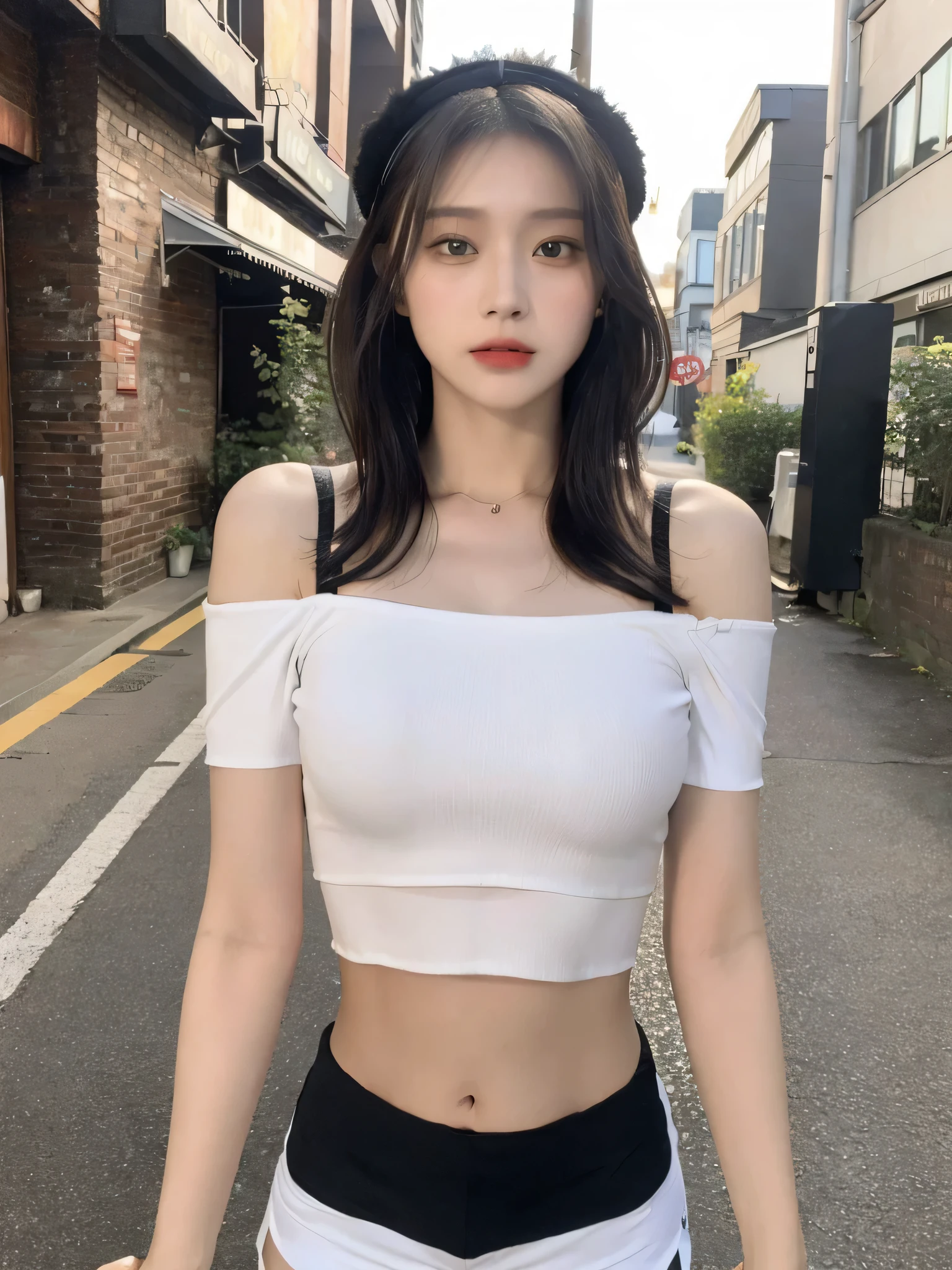 ((Best Quality, 8K, Masterpiece: 1.3)), (Flower Cap: 1.3), Focus: 1.2, Perfect Body Beauty: 1.4, Buttocks: 1.2, (Layered Haircut: 1.2)), (Dark Street: 1.3), Highly Detailed Face and Skin Texture, Full Body, Delicate Eyes, Double Eyelids, Whitened Skin, Long Hair, (Round Face: 1.5), (Loose Crop Top, Shorts: 1.6), looking at phone