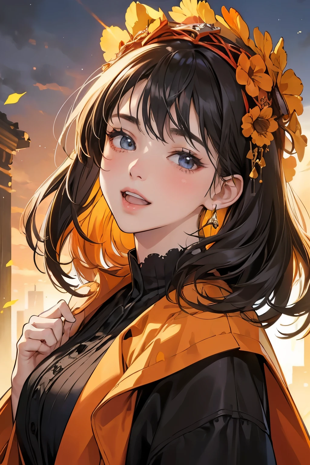 (Masterpiece:1.4), bathed in the radiant glow of sunshine, the cute, girl with an orange headdress and short black hair radiated charm. Her big, expressive head was framed by bangs, her beautiful and detailed face boasting a blush-kissed complexion and a captivating smile with an open mouth. The cityscape behind her, a blur of colors and details, added an element of fashionable allure to the scene. She wore a coat with long sleeves and intricate patterns, her eyes equally stunning and detailed, their orange irises bright like the sun. (Extreme:1.1), close-up, each strand of her black