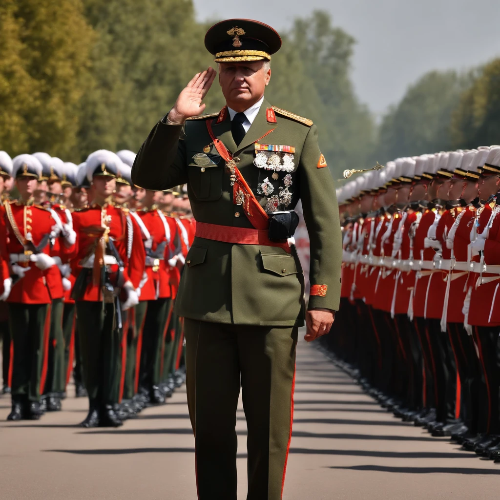 (best quality,4k,8k,highres,masterpiece:1.2),ultra-detailed,(realistic,photorealistic,photo-realistic:1.37),Sergei Shoigu in military salute,military uniform,in army parade,portrait,warm color tones,professional, Russian scenery, sharp focus, vivid colors,studio lighting