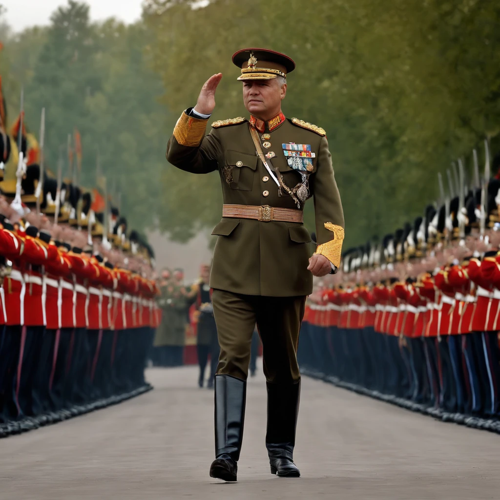 (best quality,4k,8k,highres,masterpiece:1.2),ultra-detailed,(realistic,photorealistic,photo-realistic:1.37),Sergei Shoigu in military salute,military uniform,in army parade,portrait,warm color tones,professional, Russian scenery, sharp focus, vivid colors,studio lighting