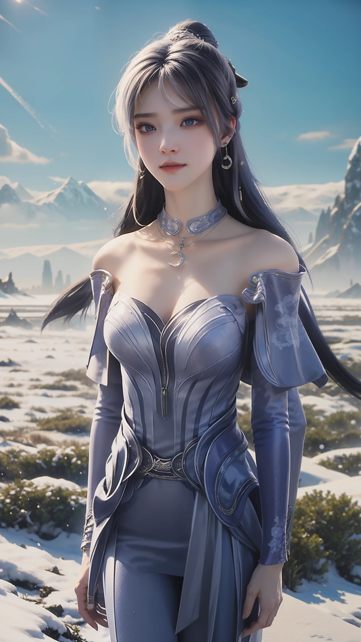 real, high resolution, 1 female, Solitary, Leg Exercises, View Viewer, (Detailed face), White的頭髮, White hair, Jewel-like, Elegant necklace, Elegant diamond earrings, secretary,White上衣, Black tie, Women's leggings,White,White蕾絲手套,Snowfield,Snow Scene,sky sky(aurora),戴上White蕾丝手套