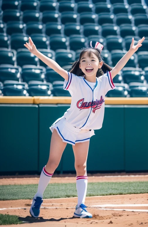 (ultra best quality、8K、masuter piece、delicate illustration、full body Esbian)、Two very cute Japan girls of about 、 body type, (Cheergirl 1.3)、huge smile、Cheergirls cheering with their legs raised high、baseball field