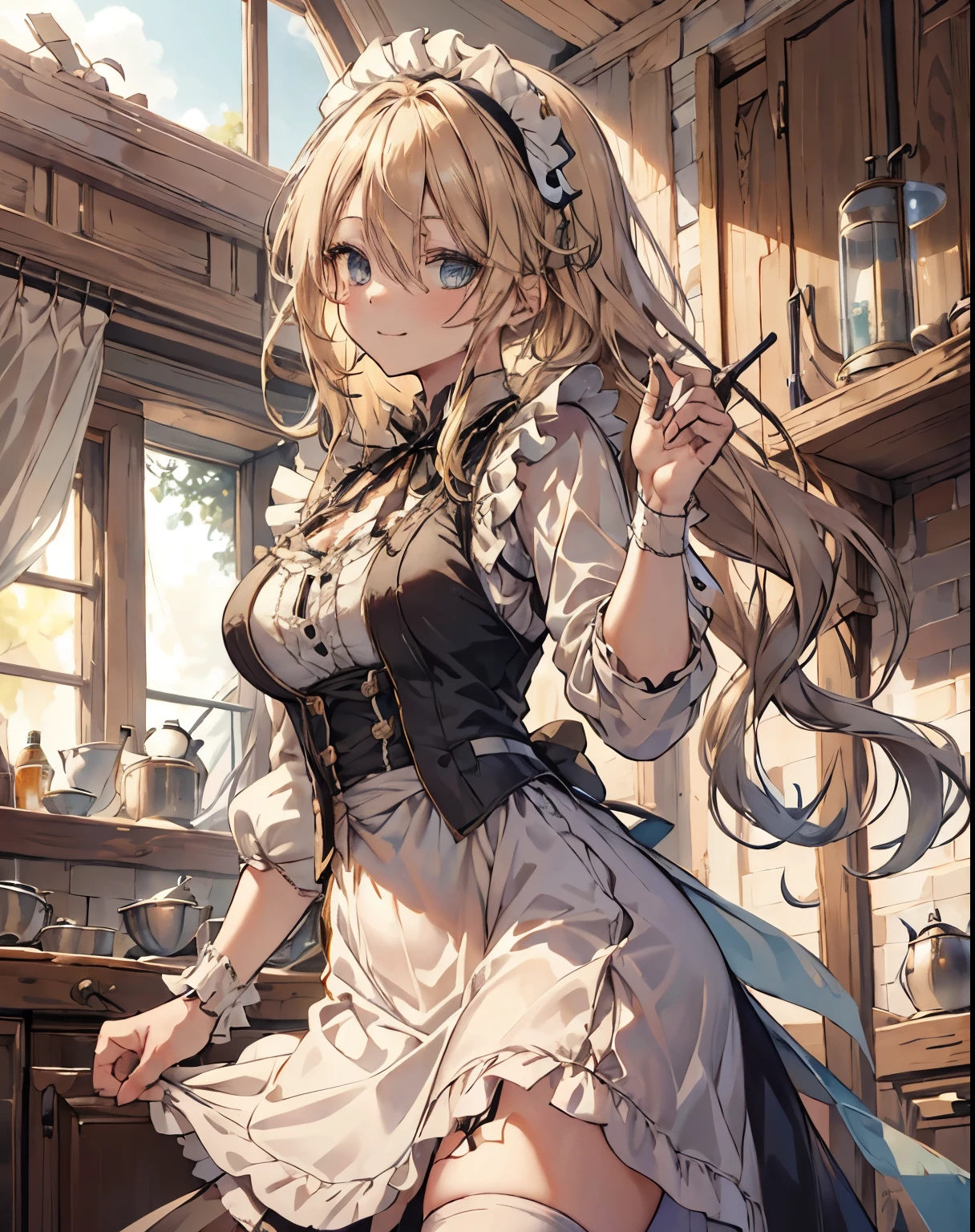 masterpiece, 1girl, sparrow, a blonde haired girl, wearing a maid clothes, curly long hair, messy hair, slim body, he close her left eye, shirt ornament, aqua eyes, sho show her back, ahoge, black vest, baby face, big breast, beautiful breasts, rounded breasts, braid hair, long sleeves, beautiful eyes, white stocking, droopy eyes, her age is 19 years old, kitchen, victorian dress, maid headband, smile, toki_bluearchive