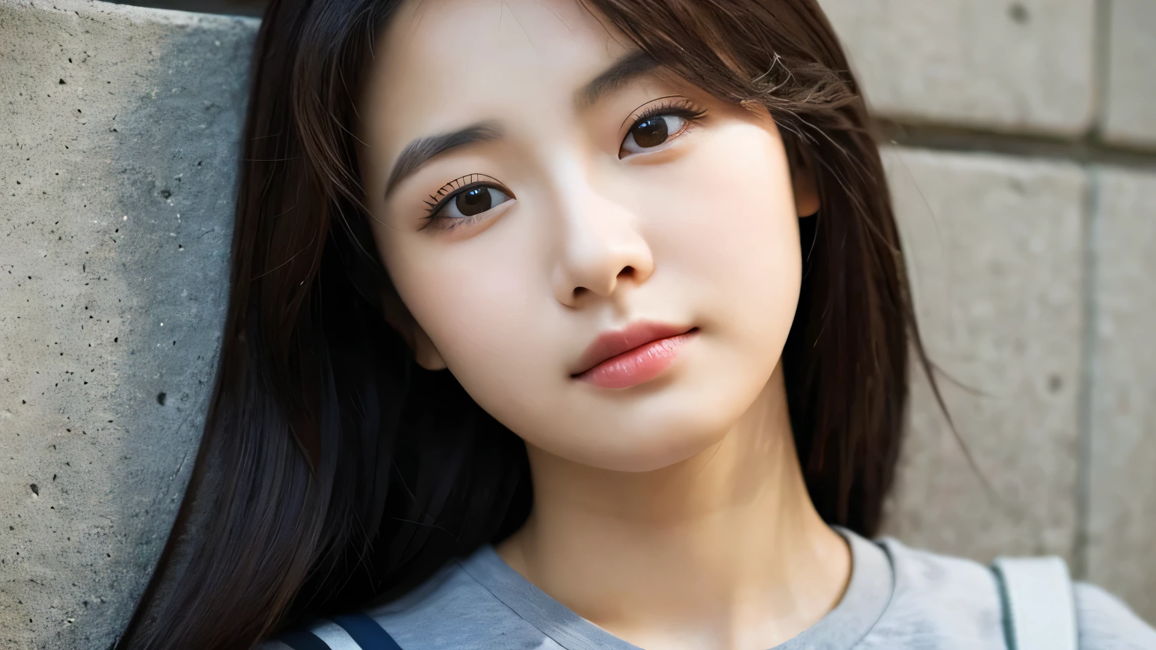 beautiful Chinese woman looking straight at the camera, leaning against a concrete wall, standing straight, no background, eyes open, medium close-up shot, casual clothes, photorealistic, high quality