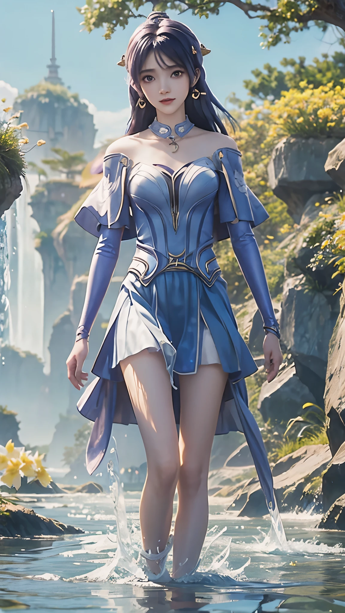 Arapei in a skirt standing in the water, Anime girl walking on water, closeup fantasy with water magic, Azure Lane style, Popular on cgstation, Anime Girl Cosplay, Seraphina Ali KDA, Ink art animation , Popular on cgstation内容, realistic water, Water daffodil, WLOP 和 Sakimichan