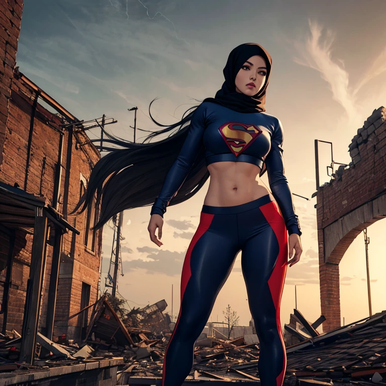 (anime, 3D rendering, high-res),super detailed,Female,Asian Malaysian SuperWoman,fierce and determined expression,strong and muscular physique,beautiful almond-shaped eyes,bold and defined eyebrows,long and voluminous lashes,rosy cheeks,rosy lips,athletic outfit with the symbol of the uniform with Hijab,fighting on a rooftop at sunset,akimbo pose,surrounded by fierce winds and lightning bolts,crumbling buildings in the background,dark and intense color palette,dramatic and dynamic lighting,high contrast and deep shadows,embodying strength and resilience,gorgeous and empowering artwork.
