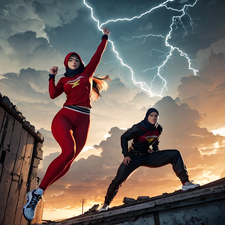 (anime, 3D rendering, high-res),super detailed,Female,Asian Malaysian SuperWoman,fierce and determined expression,strong and muscular physique,beautiful almond-shaped eyes,bold and defined eyebrows,long and voluminous lashes,rosy cheeks,rosy lips,athletic outfit with the symbol of the uniform with Hijab,fighting on a rooftop at sunset,akimbo pose,surrounded by fierce winds and lightning bolts,crumbling buildings in the background,dark and intense color palette,dramatic and dynamic lighting,high contrast and deep shadows,embodying strength and resilience,gorgeous and empowering artwork.