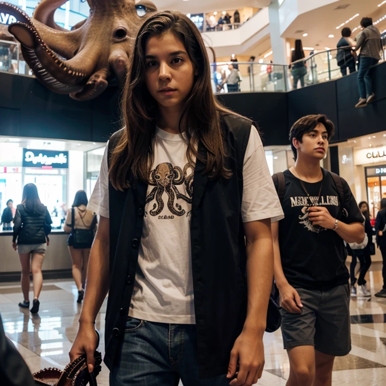 1 girl, 1 boy, 1 giant octopus at the mall
