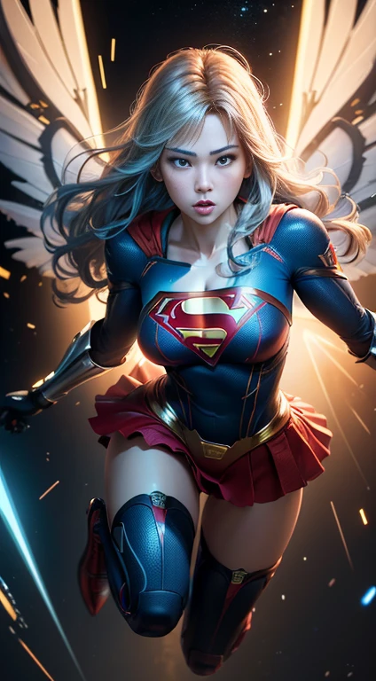 ((Best quality)), ((Supergirl's masterpiece)), (highly detailed:1.3), 3D, beautiful, (cyberpunk:1.2), in space, nebulous, holding_weapon, laser, (1Female Mecha:1.3), sexy body, facing the audience, bright blue eyes, full body, blonde, (flying, descending, dynamic, motion blur: 1.4), (huge wings of wicks: 1.6), looking up, glowing_eyes, mecha, panorama, background is earth, nebula, space, particles, Reality, HDR (High Dynamic Range), Ray Tracing, NVIDIA RTX, Super Resolution, Unreal 5, Subsurface Scattering, PBR Textures, Post-Processing, Anisotropic Filtering, Depth of Field, Maximum Clarity and Clarity, Multilayer Textures, Albedo and Specular Maps, Surface Shading, Accurate Simulation of Light-Material Interaction, Perfect Proportions, Octane Render, Two-Tone Lighting, Large Aperture, Low ISO, white balance, rule of thirds, 8K RAW, efficient sub-pixel, sub-pixel volume product, (best quality), (Japanese: 0.5), (Korean: 0.8), (Liu Yi Fei: 1.5) long hair, (big chest: 1.2) wearing superman's S on the chest.