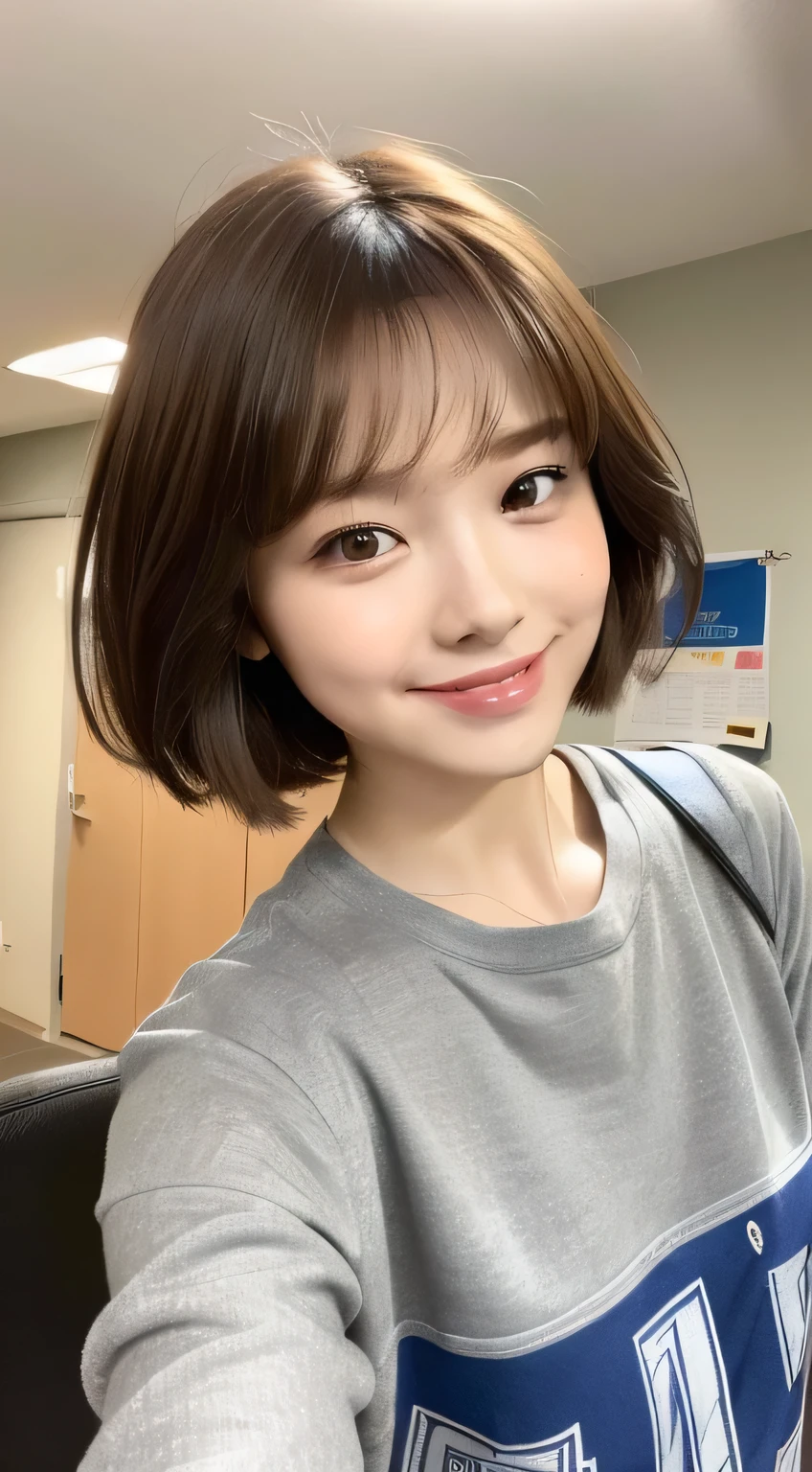 (最high quality, 8k, masterpiece: 1.3)), Sharp focus, One Girl, Slim Beauty: 1.2, Brown Hair, (short hair), (big: 1.5), (Layered Cut), Fine grain, double eyelid, Cute Smile, Mouth closed, Ultra-realistic, Super detailed, high quality, Highly detailed face and skin texture, indoor, living room, ( I work part-time as a tutor.、Cute college girl with very short hair), (Clean, casual, adult attire for tutors), (Beautiful clothes), (Sex Appeal Baby Face), Uneven body, from the front