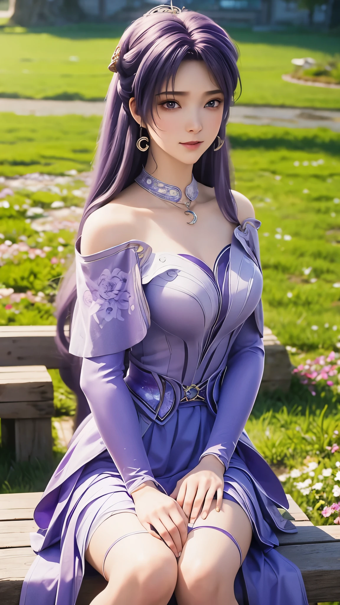 a close up of a woman in a purple dress sitting on a bench, Beautiful and charming anime woman, anime goddess, Cute anime girl in a beautiful skirt, ((beautiful fantasy queen)), Purple-haired deity, Beautiful anime woman, White blue purple dress!! Blue-violet hair, beautiful fantasy queen, Attractive anime girl, Beautiful girl, Detailed blue-purple long hair, Beautiful anime girl