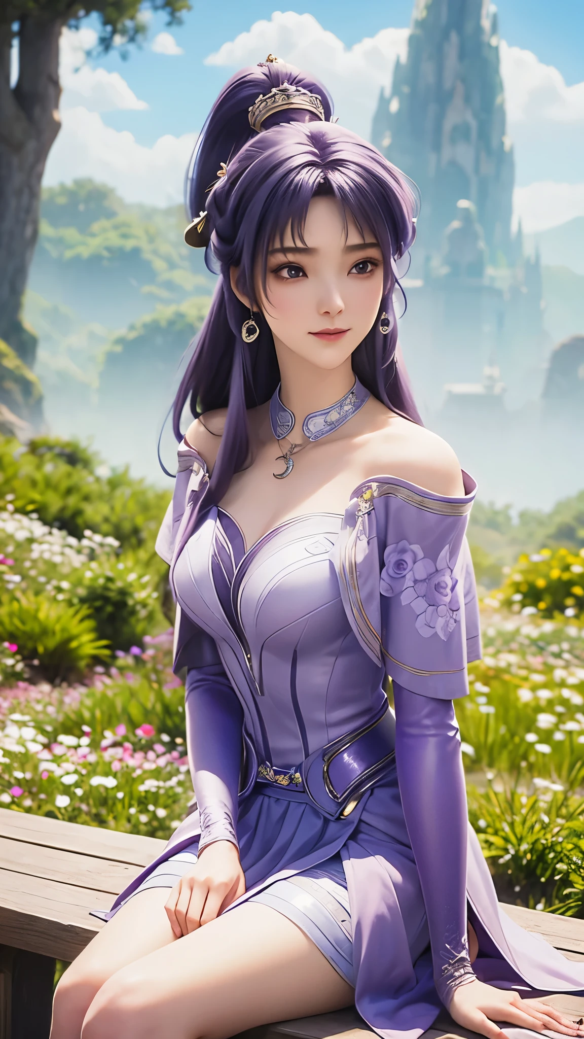 a close up of a woman in a purple dress sitting on a bench, Beautiful and charming anime woman, anime goddess, Cute anime girl in a beautiful skirt, ((beautiful fantasy queen)), Purple-haired deity, Beautiful anime woman, White blue purple dress!! Blue-violet hair, beautiful fantasy queen, Attractive anime girl, Beautiful girl, Detailed blue-purple long hair, Beautiful anime girl