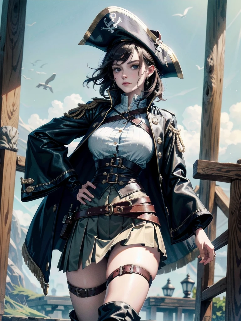 Practical pirate clothing, Long-sleeved pirate top, Skirt, boots, absurdres, RAW photo, extremely delicate and beautiful, masterpiece, Best Quality, ultra high resolution, 32k, hyperrealistic, ultra-detailed, detailed description, pale skin, 20 years old, tearful mole, earring, Colossal tits, short medium hair, wavy hair,