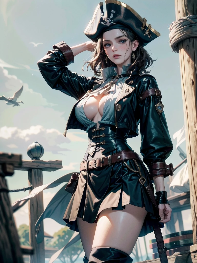 Practical pirate clothing, Long-sleeved pirate top, Skirt, boots, absurdres, RAW photo, extremely delicate and beautiful, masterpiece, Best Quality, ultra high resolution, 32k, hyperrealistic, ultra-detailed, detailed description, pale skin, 20 years old, tearful mole, earring, Colossal tits, short medium hair, wavy hair,
