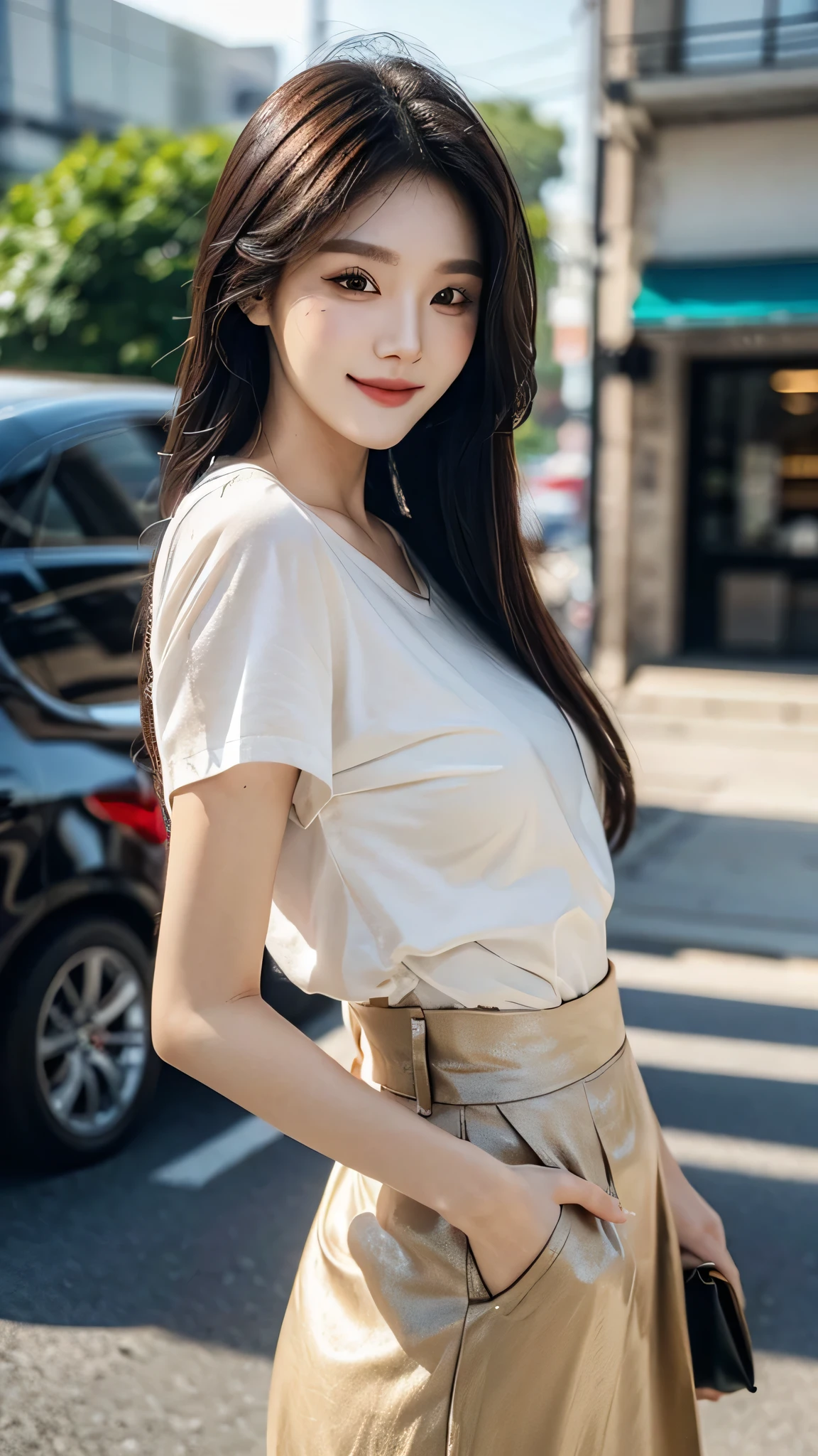 ​masterpiece、top-quality)、1 beutiful girl、Slim body、(( plain clothes:1.1))、((Wearing black sunglasses )), (Detailed beautiful eyes), ((Detailed skin)) , ((Detailed beautiful hair)), Walk around the store、((Boyish Brown Medium Hair))、((Smaller face))、((Neutral face))、((Face seen from the side))、((Light brown eyes))、((Korean Girl))、((18year old))、((cool lady))、((A shy smile on his face))、((Korean Makeup))、((elongated and sharp eyes))、((Happy dating))、((looking distantly))、((boyish))、((Shot from the same height as your face))、((Shorter than viewer))、((She is running ahead of the viewer))、((Hold your mouth with your hand)), ((CG rendering)), ((Blurred background)), ((deep shadow)),  ((16K)),  ((Very detailed)), ((wallpaper)), ((depth of field)), ((Ray tracing)).