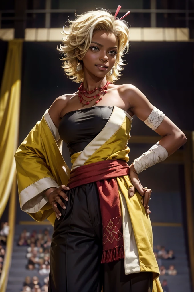 arslanaltan, 1girl, blonde hair, short hair, green eyes, dark skin, brown skin, hair ornament, sash, baggy pants, bandages, bare shoulders, necklace, hands on hips, (Masterpiece, Best Quality, Highres:1.2), Detailed, Intricate Details, 4K, solo, cowboy shot, high rating, standing, theater, audience, crowd, smile, looking at viewer,