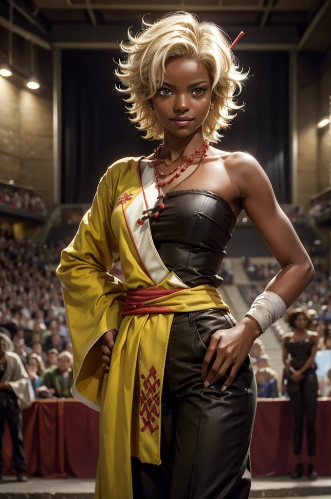 arslanaltan, 1girl, blonde hair, short hair, green eyes, dark skin, brown skin, hair ornament, sash, baggy pants, bandages, bare shoulders, necklace, hands on hips, (Masterpiece, Best Quality, Highres:1.2), Detailed, Intricate Details, 4K, solo, cowboy shot, high rating, standing, theater, audience, crowd, smile, looking at viewer,