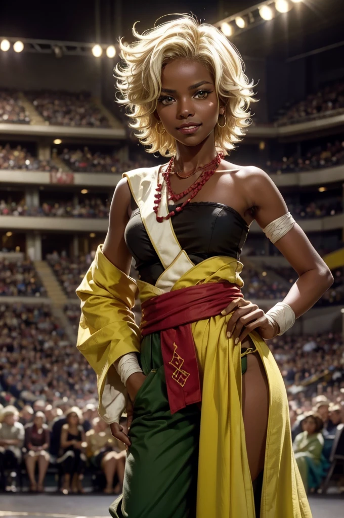 arslanaltan, 1girl, blonde hair, short hair, green eyes, dark skin, brown skin, hair ornament, sash, baggy pants, bandages, bare shoulders, necklace, hands on hips, (Masterpiece, Best Quality, Highres:1.2), Detailed, Intricate Details, 4K, solo, cowboy shot, high rating, standing, theater, audience, crowd, smile, looking at viewer,
