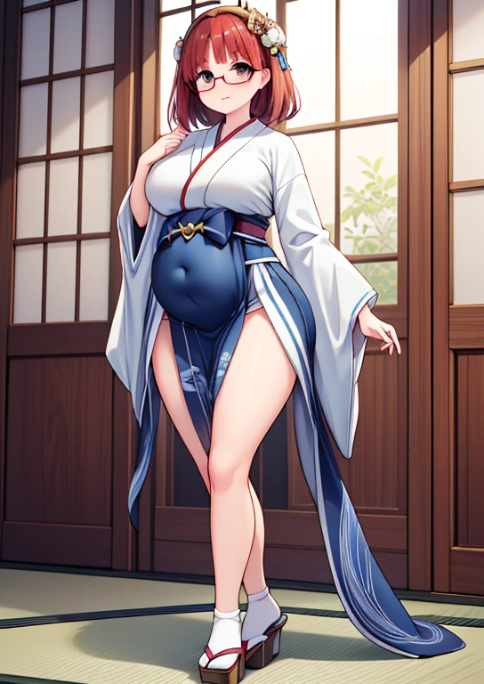 (masterpiece, best quality, highly detailed), 1girls, big belly, huge belly, art by kipteitei, round belly, chubby, curvy, belly grab, enormous belly, fat belly, thicc, bigger belly, really big belly, jiggly belly, glasses, japanese traditional clothes, tight breasts, ((long legs, tall)), high heels, ((full body))