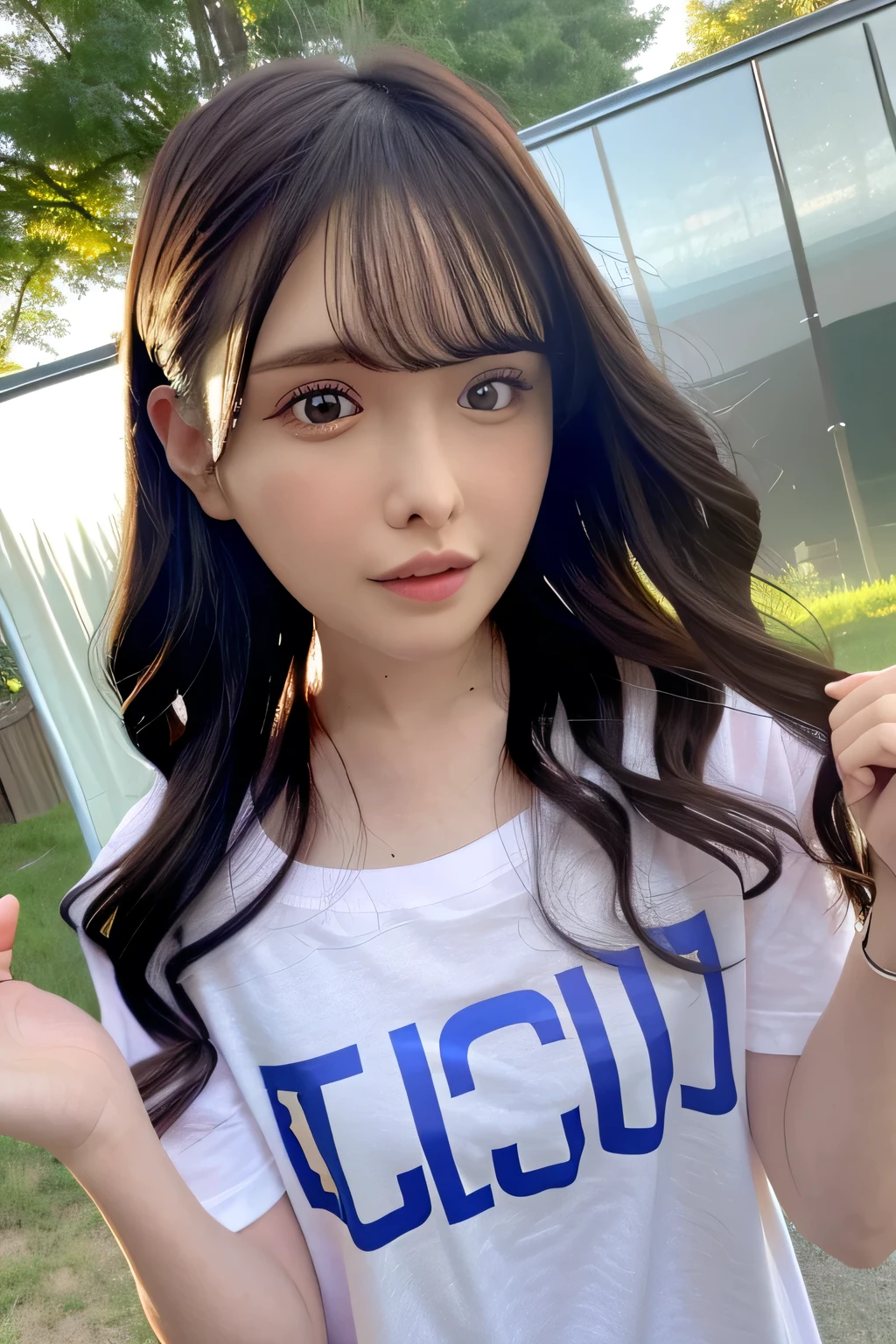 8k, highest quality, Ultra-realistic,(Realistic:1.37),High resolution,One girl, (T-Shirts:1.5),(Floating Hair:1.3), (Skin dents), (Professional Lighting),(Huge breasts:1.2),Very detailed,(Shiny skin:1.25),(Plump:1.25), (blouse:1.35), (Particles of light, Lens flare, Glowing particles:0.6),(Floating Hair:1.2),(Dynamic pose:1.15), Mirror reflection illumination, Soft lighting, sunlight, View your viewers, (Small Head:1.47), Purelos Face_v1