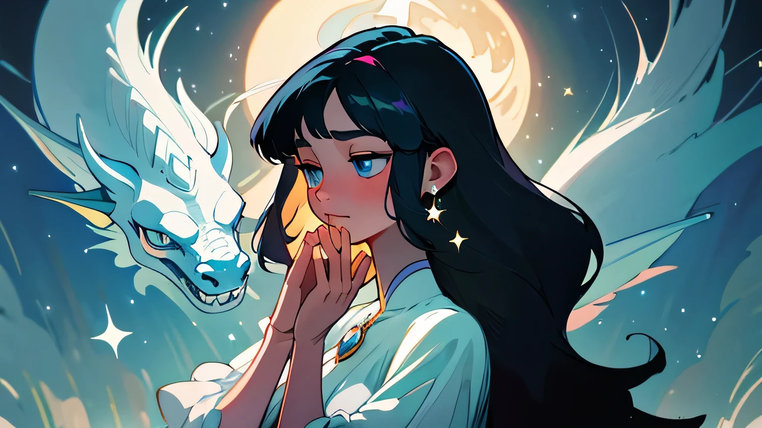 best quality,highres,masterpiece:1.2,ultra-detailed,realistic:1.37,portrait,painting,teen moon princess,long black hair,sea blue eyes,snow white skin,praying hands,bright,magical,stars,white dragon figure,ethereal atmosphere,fantasy elements,sparkling moonlight,mysterious shadows,gentle breeze,moonlit garden,enchanted forest,soft glow,delicate features,glimmering jewels,dreamy expression,vibrant colors,elegant gown,celestial beauty,soothing calm,pure innocence,tranquil setting,ethereal radiance,luminous aura,serene atmosphere,full moon