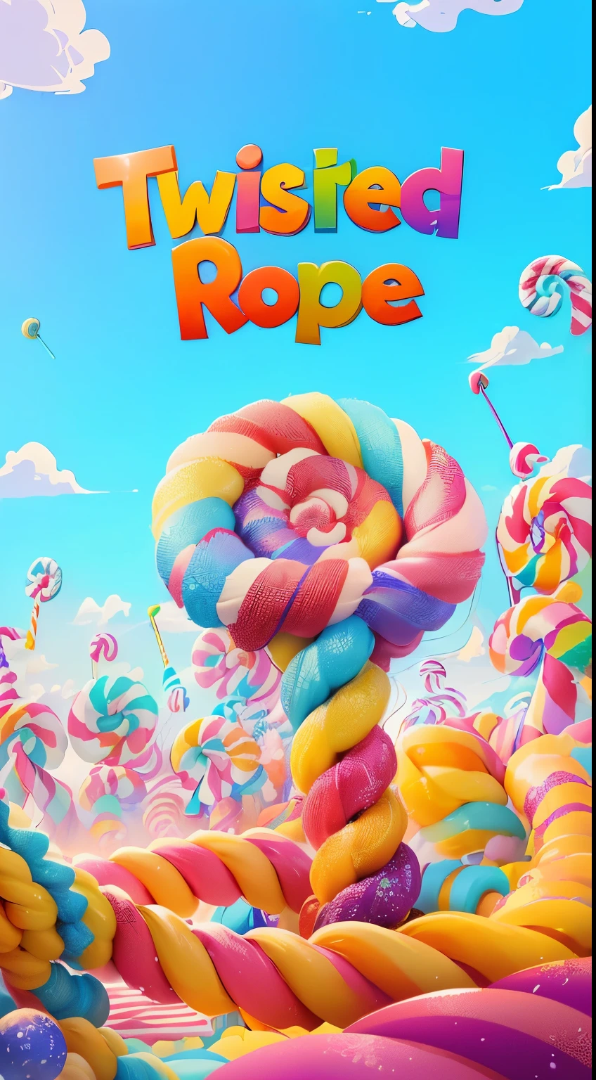 twisted rope is a game with a candy land theme, rope, lollipop with twisted rope, hanging rope, ropes, in style of cyril rolando, inspired by Cyril Rolando, official artwork, album art, candyland, candy land, rgp artwork, inspired by Olaf Rude, movie promotional image, official poster artwork, key art, made of candy and lollypops