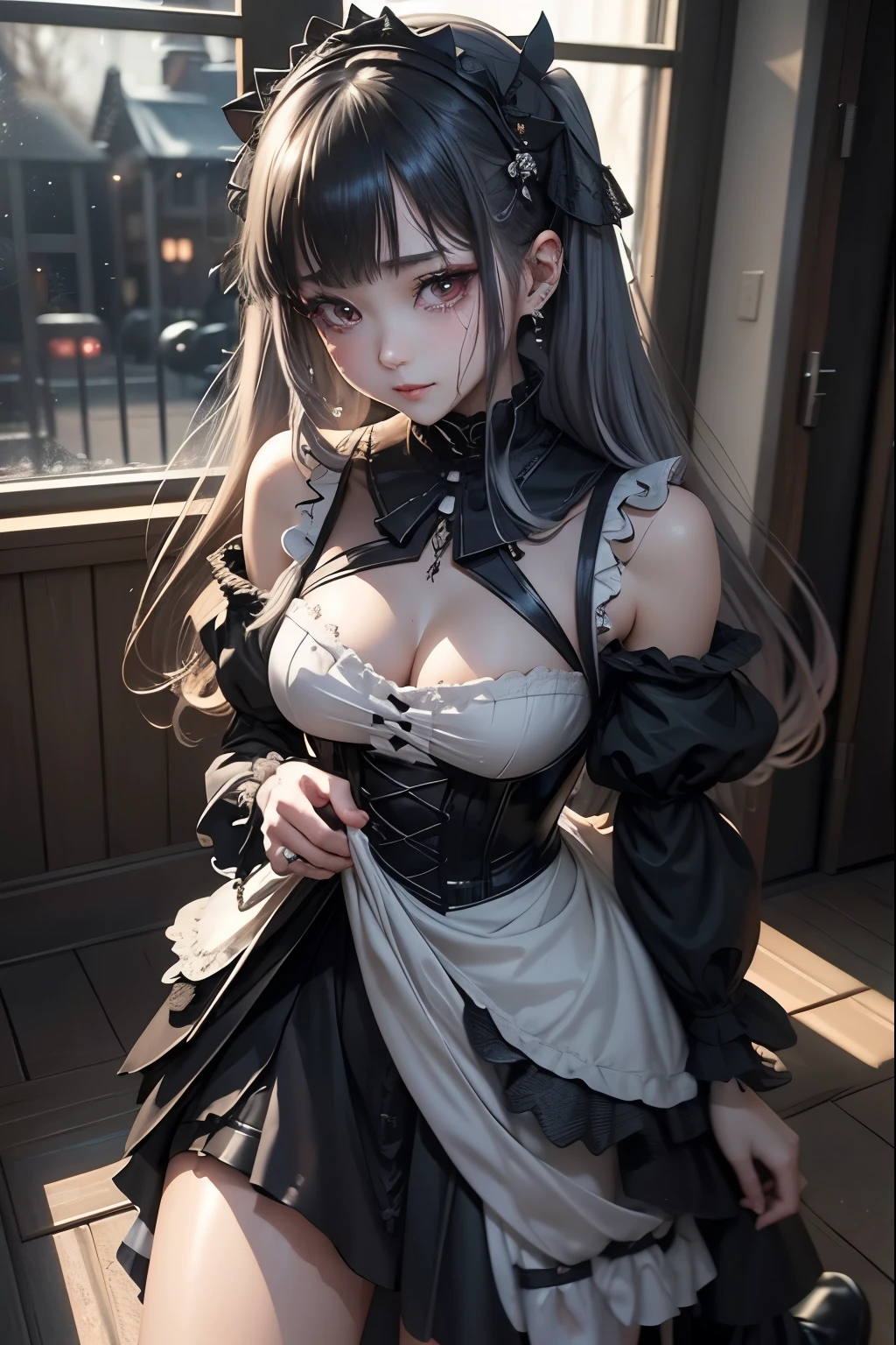 ハードDark Gothicメイク、Deep Night Sky、Horror、Black dark eyeshadow、cry、sad、Good skin radiance、Dark Gothicメイク、Dark smile、palace、The beauty of fragrance、24-years-old、Expressions of intense sexual pleasure、Embarrassed look、Dark Gothic、Obscene language、highest quality、Expression of sexual pleasure amid suffering、Drunk face、紫のMaid clothes、Mysterious、Noble、The face of someone who is holding in the toilet、sexy、Loving smile、Twin tail hair、Right blue eye, Left eye is red、Super seductive pose、Platform Heel Shoes、Heavy makeup、Gothic ta Clothing、A little slimmer、Silver Hair、Long Hair Straight Hair、Cute Gothic Loliress、Beautiful Face、elegant features、Fascinating face、Stained glassが背景、Chest glistening with sweat、The room is dark、goth long dress、Bell Sleeves、Wizard Sleeve、Decadent look、Sexually excited expression、Glossy thighs wet with water、Thighs that are wet and shiny with oil、Background of a room full of roses、sad表情、Rose Maiden、The embroidery is pink、The dress has pink embroidery、Thigh-high socks、Knee-high socks、Gentle expression、Dark black eyeshadow、despicable act、Stained glassと薔薇背景、thighs are a little thin、Female Duo、Female couple、dark church background、Stained glass、Black metal world、Dark Castle、Dark Room、Slender body、upright、walk、Are standing、gothic long dresaid clothes、Victorian dresses、Her thighs glisten with sweat、My body is wet and shiny、Lots of glitter on the thighs、sweating、My thighs are sticky from sweating、Sweat glistens on the thighs, The whole body is sweaty and shiny、Quite sweaty、My thighs are sweaty、My thighs are so wet、My thighs are shining with sweat、A lot of sweat glistens all over the body、The thighs are the best、Thighs are glamorous、