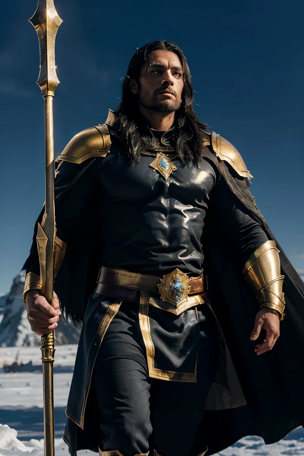 A black haired Nordic hero, ojos azules, With the physique of a god, he arrives with golden armor and a golden spear to the frozen lands for the first time and a cape with bear skin.