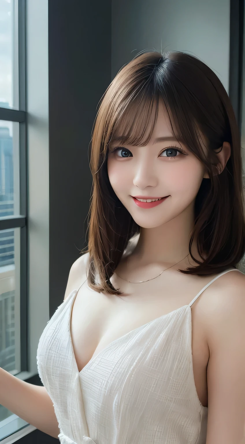 Tabletop, highest quality, figure, Very detailed, In detail, High resolution, 8k wallpaper, Perfect dynamic composition, Beautiful fine details, dress,Medium Hair, Center of chest, Natural color lip, Random sexy poses,smile,Tower apartment