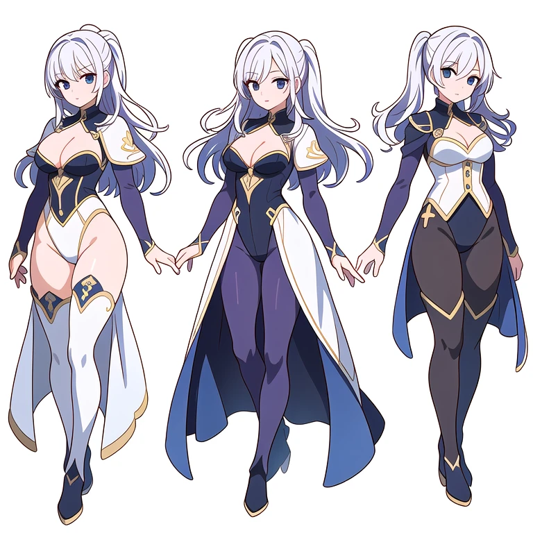 (((Best Quality))) , ((full body)), 4 lady, multiple views, white background, variety of hairstyles, (((Best Quality))) , ((full body)), An adult female, reference sheet, solo, (white background), Knights of the Zodiac girl outfits, leotard, boots, cleavage, sword, bustier,
