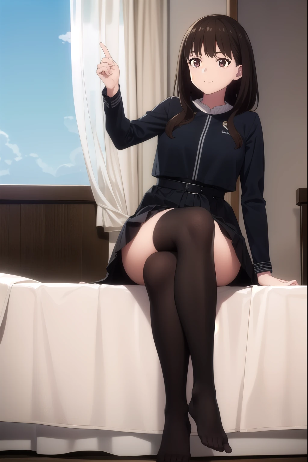 check_9,check_8_up,check_7_up,Best quality,masterpiece,4k,uncensored,lighting prefect,rating_obvious,very aesthetic,аниме BREAK 1, Brown hair,Amiya,Amiya \(polar nights\),black tights,Sitting on the bed,bedroom,Sunlight from the window,front to viewer,I look at the viewer,Shy,covering face,medium breasts in bra,legs focus,blush all over the face,foot fetishism,Open your eyes,sleepwear dress,crossed legs, foot fetish, dynamic pose, Feet without shoes, black skirt, black tights, Full body view from head to toe, excited smile