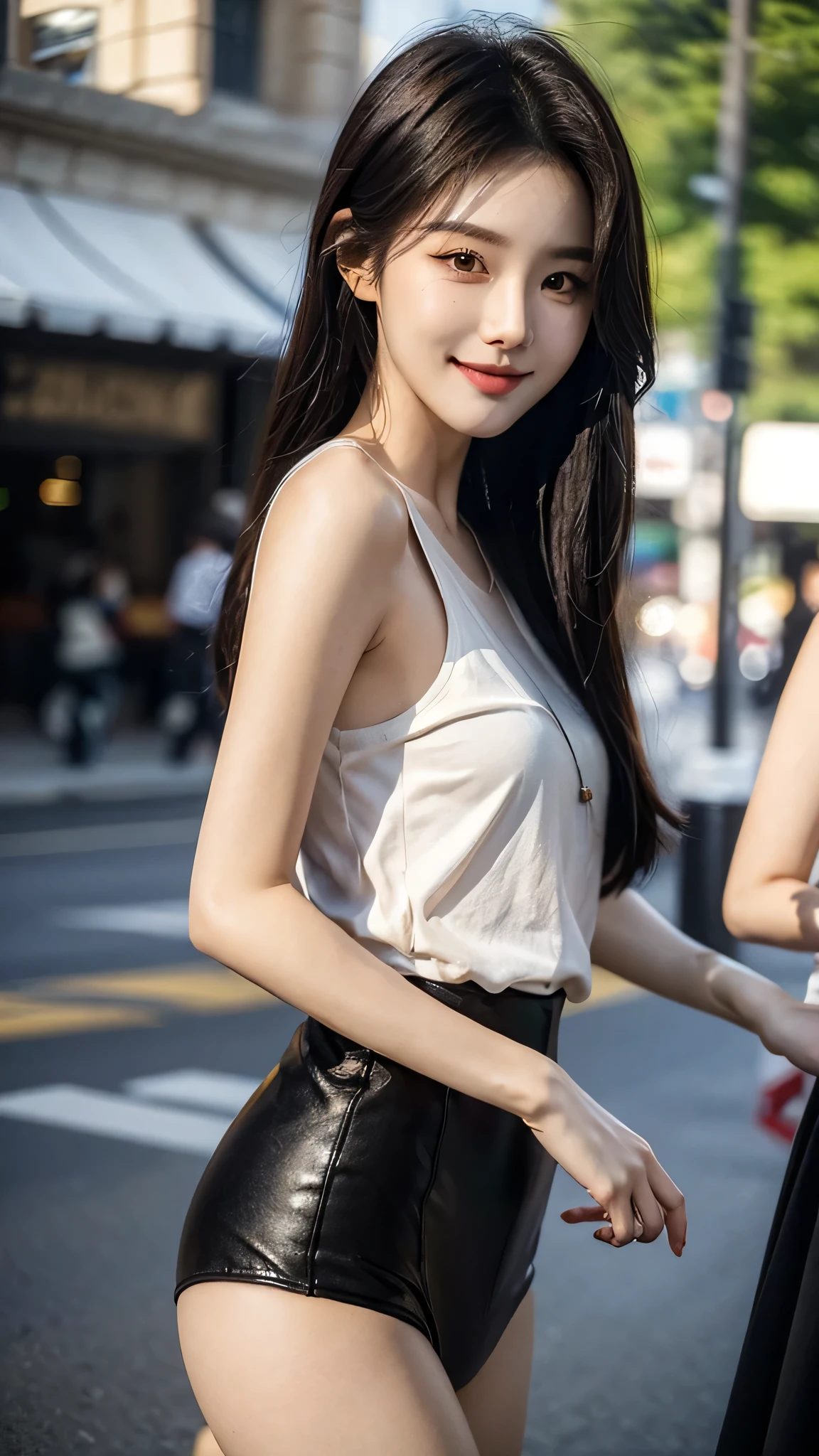 ​masterpiece、top-quality)、1 beutiful girl、Slim body、(( plain clothes:1.1))、((Wearing black sunglasses )), (Detailed beautiful eyes), ((Detailed skin)) , ((Detailed beautiful hair)), Walk around the store、((Boyish Brown Medium Hair))、((Smaller face))、((Neutral face))、((Face seen from the side))、((Light brown eyes))、((Korean Girl))、((18year old))、((cool lady))、((A shy smile on his face))、((Korean Makeup))、((elongated and sharp eyes))、((Happy dating))、((looking distantly))、((boyish))、((Shot from the same height as your face))、((Shorter than viewer))、((She is running ahead of the viewer))、((Hold your mouth with your hand)), ((CG rendering)), ((Blurred background)), ((deep shadow)),  ((16K)),  ((Very detailed)), ((wallpaper)), ((depth of field)), ((Ray tracing)).