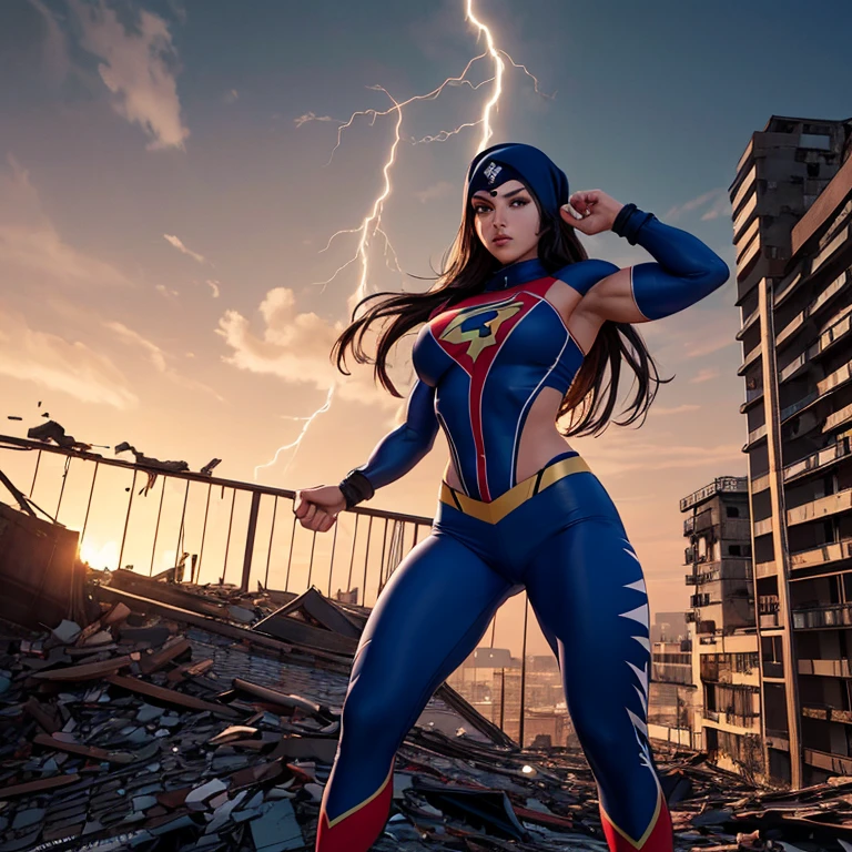 (anime, 3D rendering, high-res),super detailed,Female,Asian Malaysian SuperWoman,fierce and determined expression,strong and muscular physique,beautiful almond-shaped eyes,bold and defined eyebrows,long and voluminous lashes,rosy cheeks,rosy lips,athletic outfit with the symbol of the uniform with Hijab,fighting on a rooftop at sunset,akimbo pose,surrounded by fierce winds and lightning bolts,crumbling buildings in the background,dark and intense color palette,dramatic and dynamic lighting,high contrast and deep shadows,embodying strength and resilience,gorgeous and empowering artwork.  (chubby:1.2),